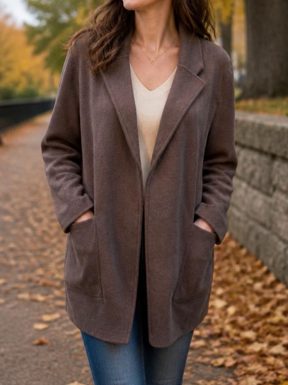 Quince Women's Brown Open-Front Knit Blazer Coat Sz L Organic cotton